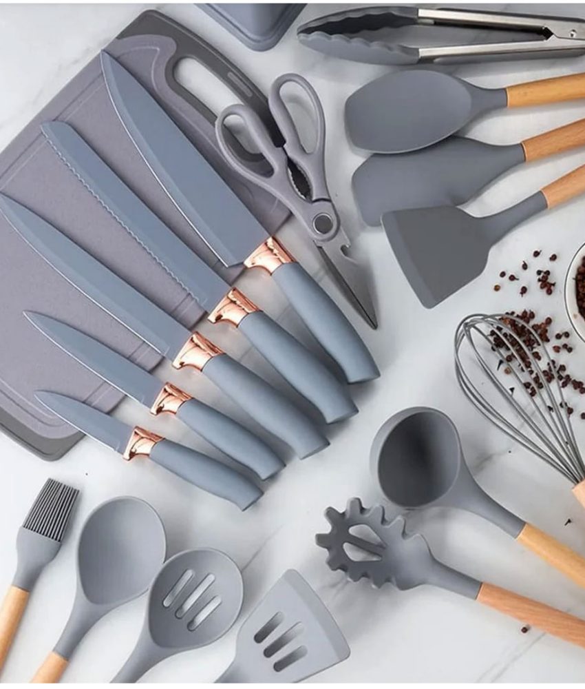Set ustensile bucatarie 19 piese Lemn si Silicon alimentar, Cutite, Tocator, Termorezistente, Antiaderente, Suport Blat