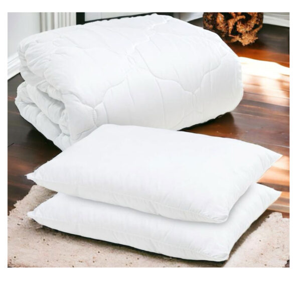 Set complet pat: Pilota alba matlasata 180/210cm + 2 perne albe din puf siliconic antialergic 50x70cm