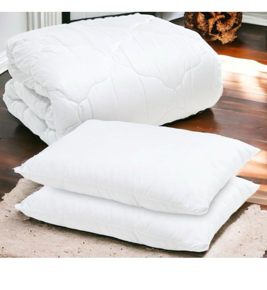 Set complet pat: Pilota alba matlasata 180/210cm + 2 perne albe din puf siliconic antialergic 50x70cm