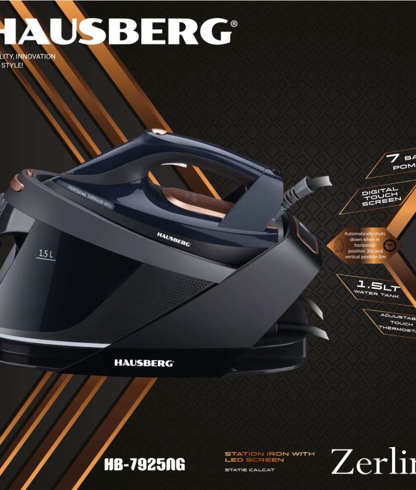 Statie de calcat HAUSBERG HB-7925NG, 3000W, 40-50g/min, 1.5l, auto-curatare, termostat, talpa ceramica, negru