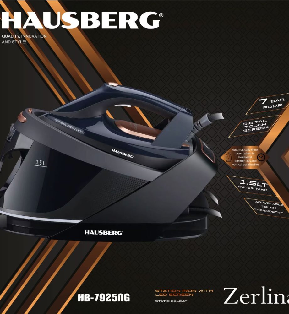 Statie de calcat HAUSBERG HB-7925NG, 3000W, 40-50g/min, 1.5l, auto-curatare, termostat, talpa ceramica, negru