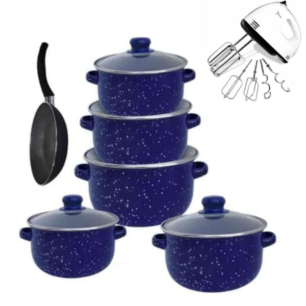 Set pentru gatit Vanora Home Zora, emailat, 10 piese + Tigaie teflonata 24cm + Mixer electric 4 palete, 7 trepte viteza