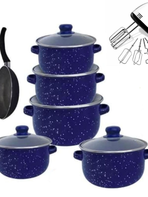 Set pentru gatit Vanora Home Zora, emailat, 10 piese + Tigaie teflonata 24cm + Mixer electric 4 palete, 7 trepte viteza