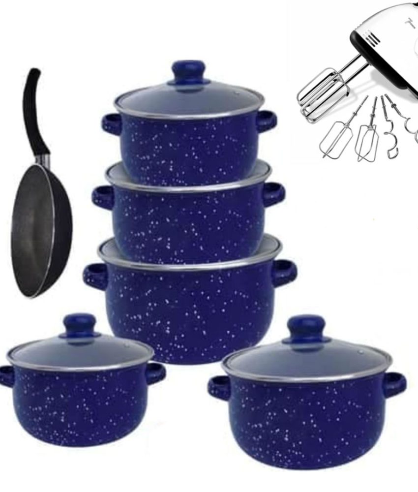 Set pentru gatit Vanora Home Zora, emailat, 10 piese + Tigaie teflonata 24cm + Mixer electric 4 palete, 7 trepte viteza