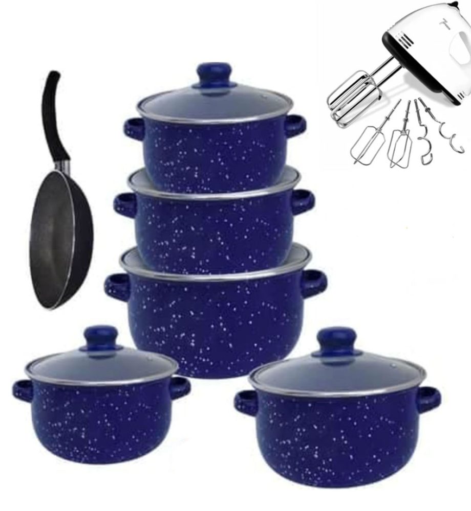 Set pentru gatit Vanora Home Zora, emailat, 10 piese + Tigaie teflonata 24cm + Mixer electric 4 palete, 7 trepte viteza