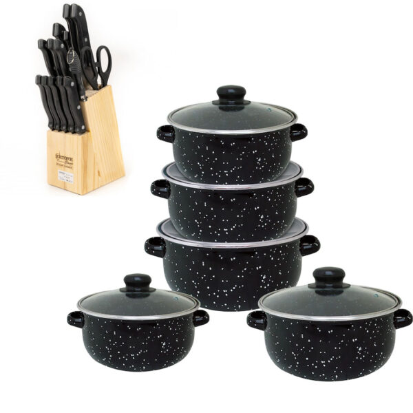 Set pentru gatit Vanora Home Petra, emailat, 10 piese + Set Cutite De Bucatarie Ertone, 15 Piese, Suport Lemn