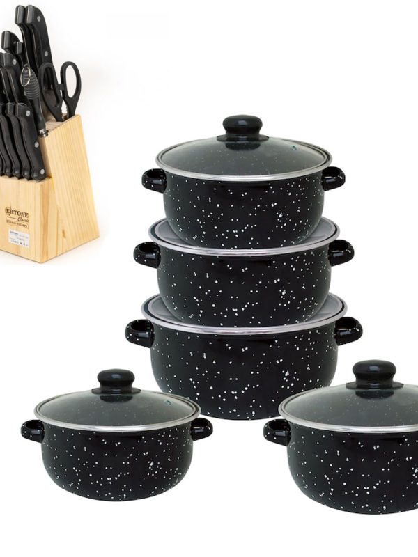 Set pentru gatit Vanora Home Petra, emailat, 10 piese + Set Cutite De Bucatarie Ertone, 15 Piese, Suport Lemn