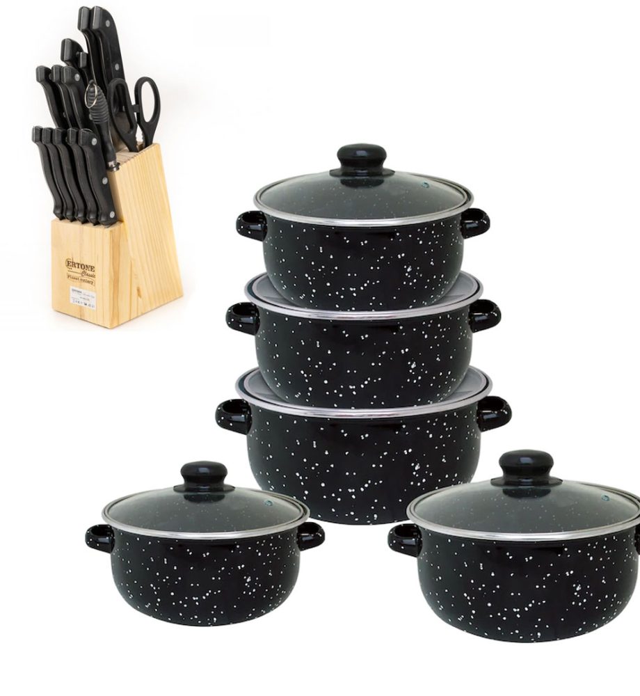 Set pentru gatit Vanora Home Petra, emailat, 10 piese + Set Cutite De Bucatarie Ertone, 15 Piese, Suport Lemn