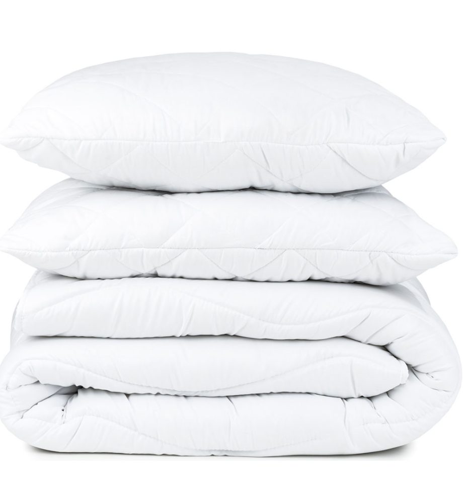 Set complet pat: Pilota alba matlasata 180/210cm + 2 perne albe din puf siliconic antialergic 50x70cm