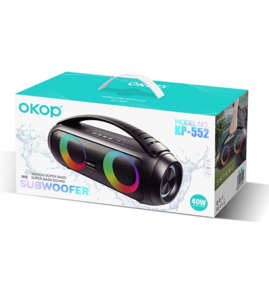 Boxa portabila Bluetooth, OKOP KP-522, 30W RMS, rezistenta la apa, neagra, 3600 mAh