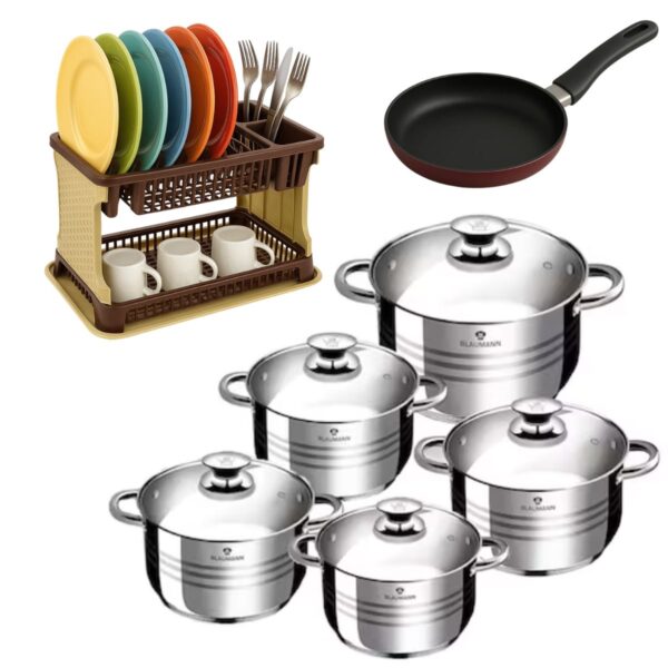 Set oale din Inox 10 piese BL-1424-10 Blaumann For Your Home +Tigaie teflon 24 cm+ Uscator de vase etajat, tip ratan, cu suport de pahare, farfurii si tava de scurgere, finisaj dantelat+