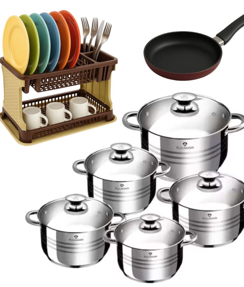 Set oale din Inox 10 piese BL-1424-10 Blaumann For Your Home +Tigaie teflon 24 cm+ Uscator de vase etajat, tip ratan, cu suport de pahare, farfurii si tava de scurgere, finisaj dantelat.