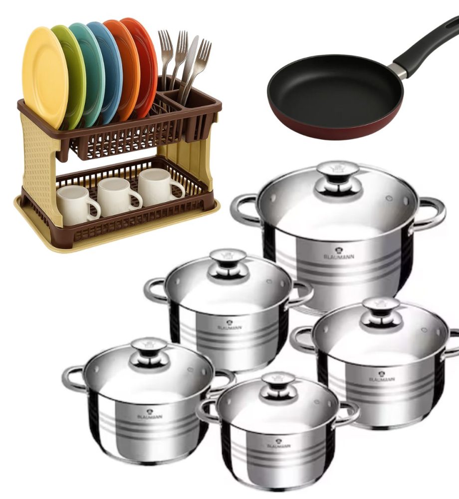 Set oale din Inox 10 piese BL-1424-10 Blaumann For Your Home +Tigaie teflon 24 cm+ Uscator de vase etajat, tip ratan, cu suport de pahare, farfurii si tava de scurgere, finisaj dantelat.