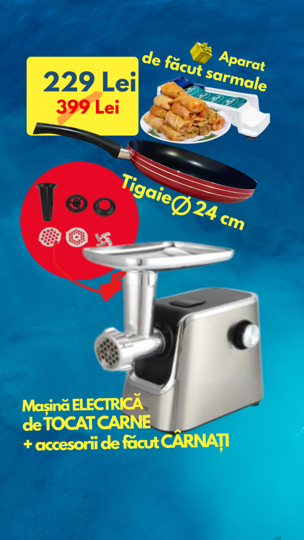Masina De Tocat Carne Victronic MG5002, Rosu/Gri, Putere 1200W, Accesorii Umplut Carnati, Functie Revers,1.6kg/Min + Tigaie teflonata 24cm + Aparat profesional de facut sarmale!