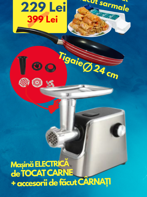 Masina De Tocat Carne Victronic MG5002, Negru+Argintiu, Putere 1200W, Accesoriu Umplut Carnati, Functie Revers,1.6kg/Min + Tigaie teflonata 24cm + Aparat profesional de facut sarmale!