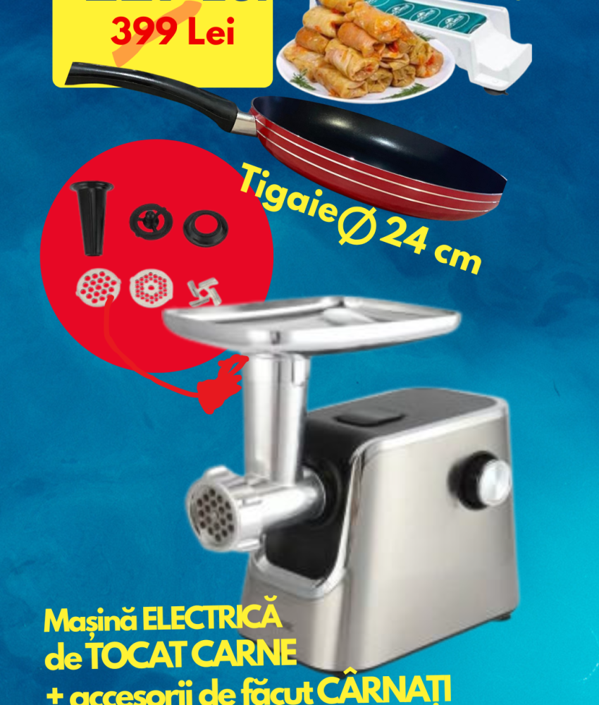 Masina De Tocat Carne Victronic MG5002, Negru+Argintiu, Putere 1200W, Accesoriu Umplut Carnati, Functie Revers,1.6kg/Min + Tigaie teflonata 24cm + Aparat profesional de facut sarmale!