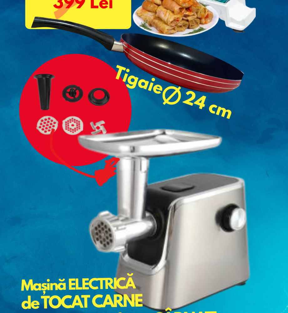 Masina De Tocat Carne Victronic MG5002, Negru+Argintiu, Putere 1200W, Accesoriu Umplut Carnati, Functie Revers,1.6kg/Min + Tigaie teflonata 24cm + Aparat profesional de facut sarmale!
