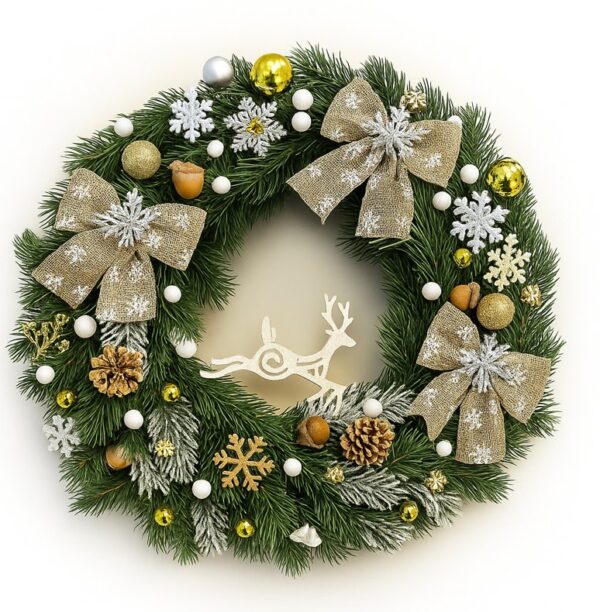 Coroniță de Crăciun din brad artificial Ø38 cm – cu ren decorativ, ren, conuri și decorațiuni aurii