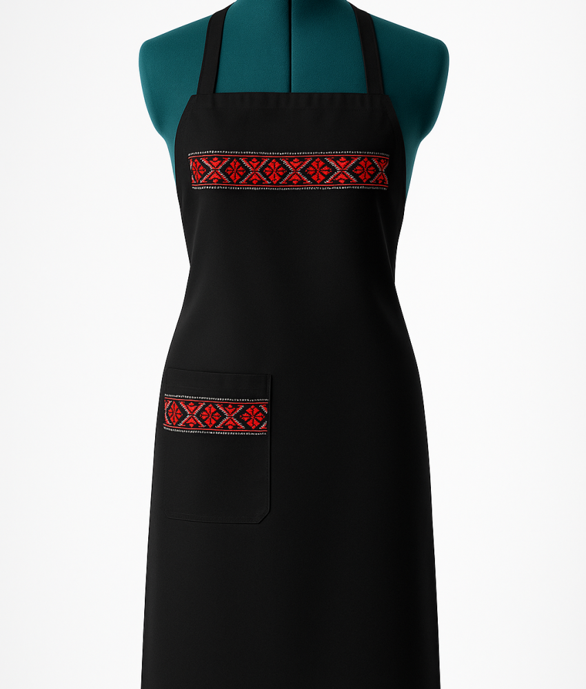 Șorț brodat cu buzunar, cu motive tradiționale românesti-fabricat în România