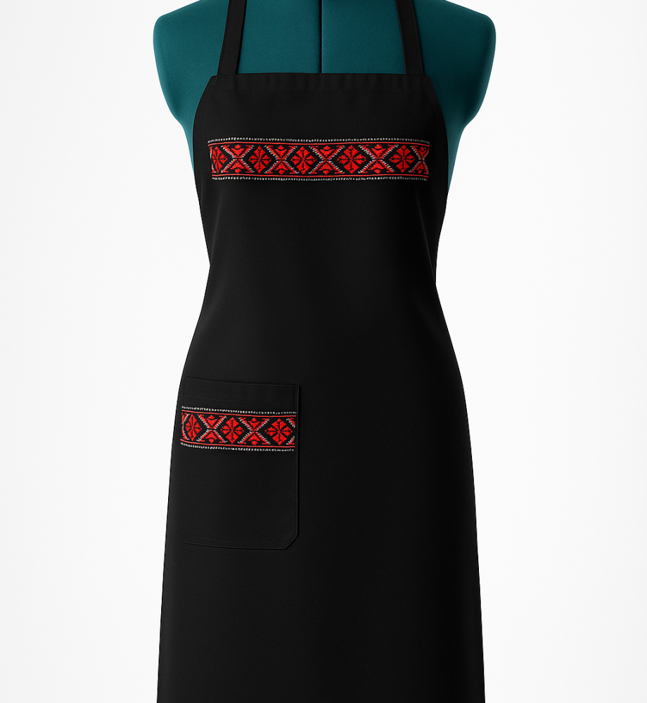 Șorț brodat cu buzunar, cu motive tradiționale românesti-fabricat în România