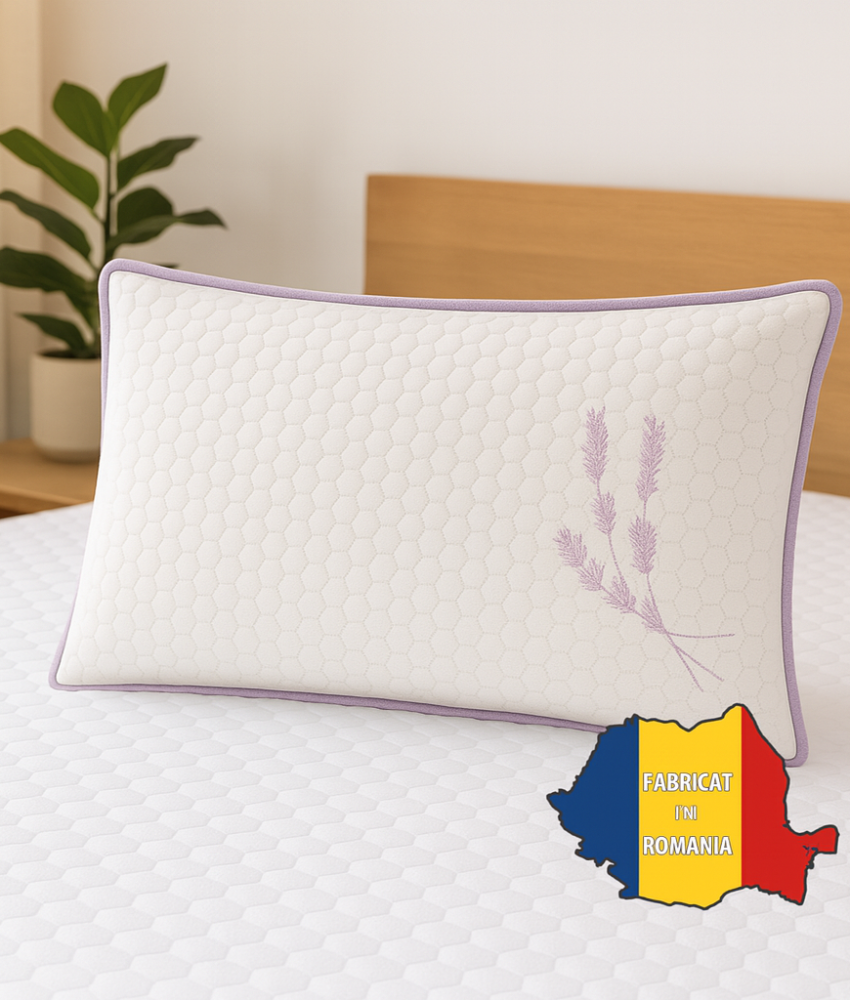 Set SLEEP WELL 2 perne MEMORY  40 x 70 cm, Bamboo și Lavandă, burete memory foam, închidere cu fermoar.