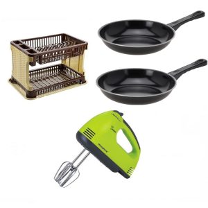 Tigai teflon, set de 2 piese + Suport de vase ratan + Mixer electric, 7 viteze, 4 palete!