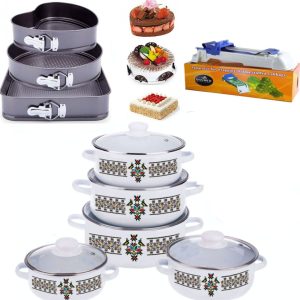 Set 10 Piese oale cu capace, otel carbon + Set 3 Forme Prajituri, cu baza detasabila, diferite dimensiuni + Aparat de facut sarmale!