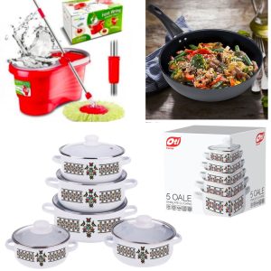 Set 10 Piese Oale si Cratite cu capace sticla termica + Mop Rotativ cu Galeata, Easy Clean + Tigaie teflon Delis 24cm!