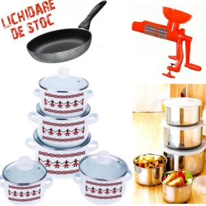 Set gatit 10 piese Vanora Premium + Tigaie teflon Delis 24cm + Set 10 piese vase inox cu capace + Cadou Aparat de stors rosii!