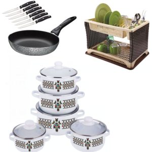 Set Premium Oale si Cratite 10 piese, otel carbon + Suport de vase etajat, model ratan + Tigaie teflon Delis 24cm + Set 6 cutite inox, pentru friptura!