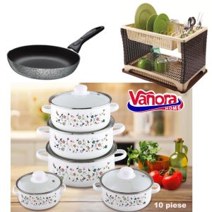 Set Premium Oale si Cratite 10 piese, model traditional + Suport de vase etajat cu tava de scurgere, tip ratan + Tigaie teflon 24cm