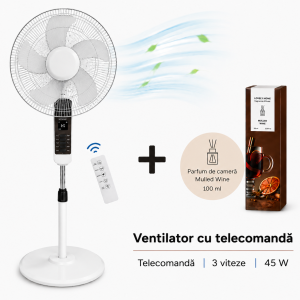 Ventilator cu picior si telecomanda, 3 trepte de viteza si parfum de camera premium, pentru zile raoroase de vara si arome imbietoare.