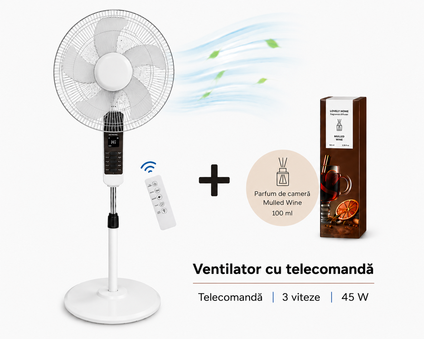 Ventilator cu picior si telecomanda, 3 trepte de viteza si parfum de camera premium, pentru zile raoroase de vara si arome imbietoare.
